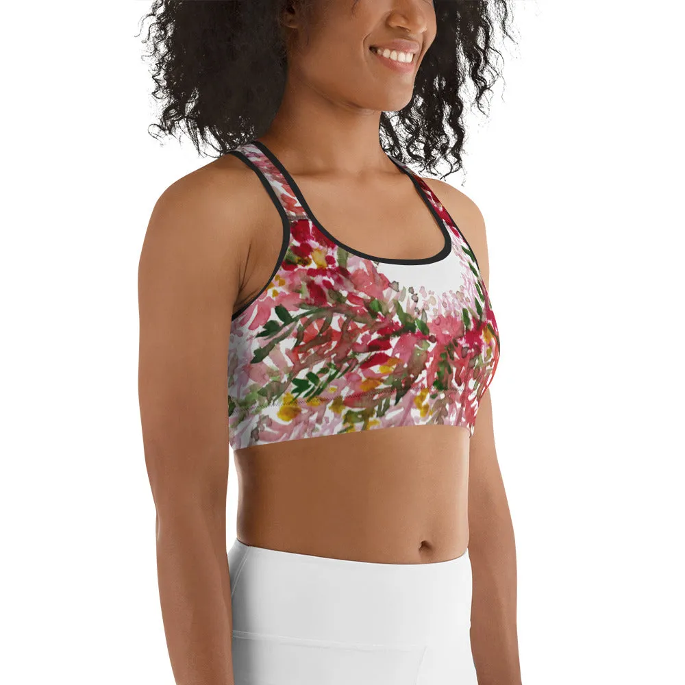 Red White Flower Sports Bra, Unpadded Fall Floral Print Women's Premium Workout Gym Sports Bra-Made in USA