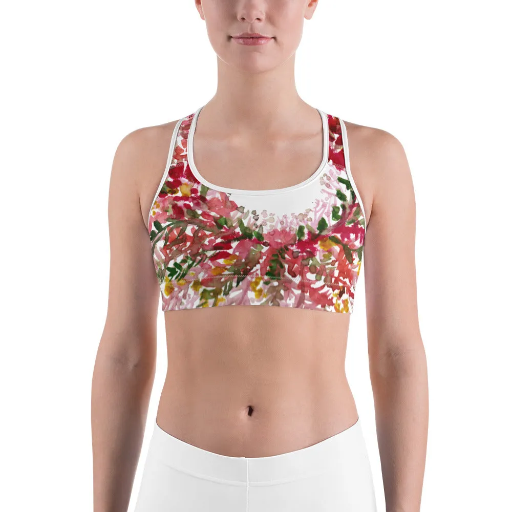 Red White Flower Sports Bra, Unpadded Fall Floral Print Women's Premium Workout Gym Sports Bra-Made in USA