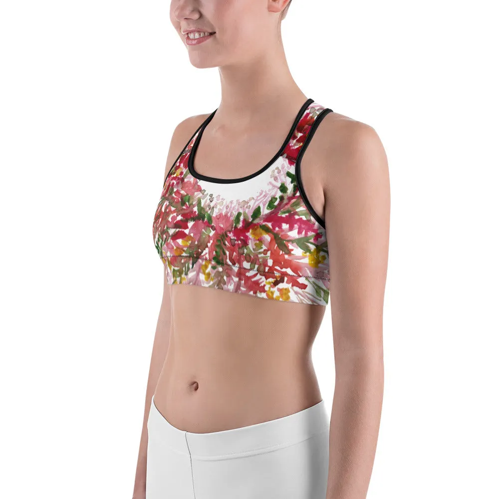 Red White Flower Sports Bra, Unpadded Fall Floral Print Women's Premium Workout Gym Sports Bra-Made in USA