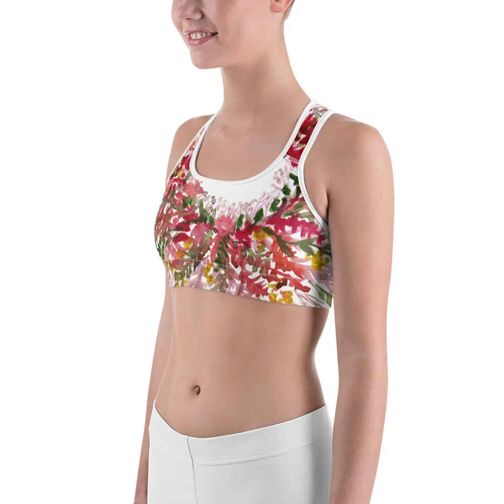 Red White Flower Sports Bra, Unpadded Fall Floral Print Women's Premium Workout Gym Sports Bra-Made in USA