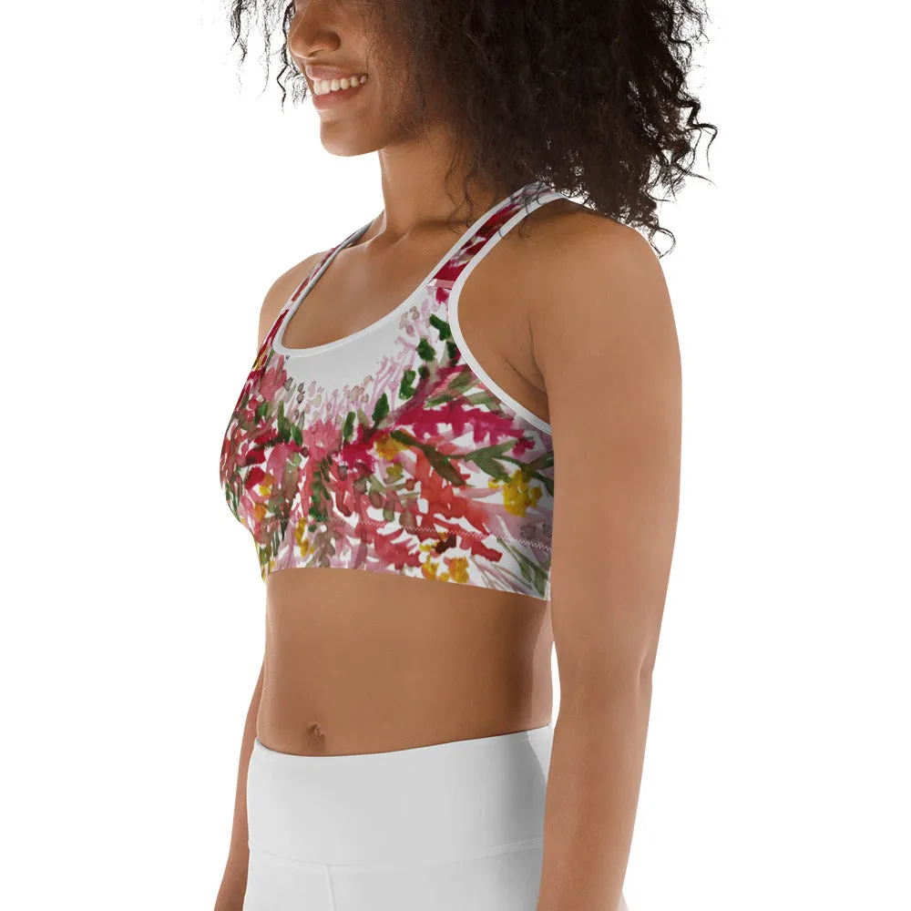 Red White Flower Sports Bra, Unpadded Fall Floral Print Women's Premium Workout Gym Sports Bra-Made in USA