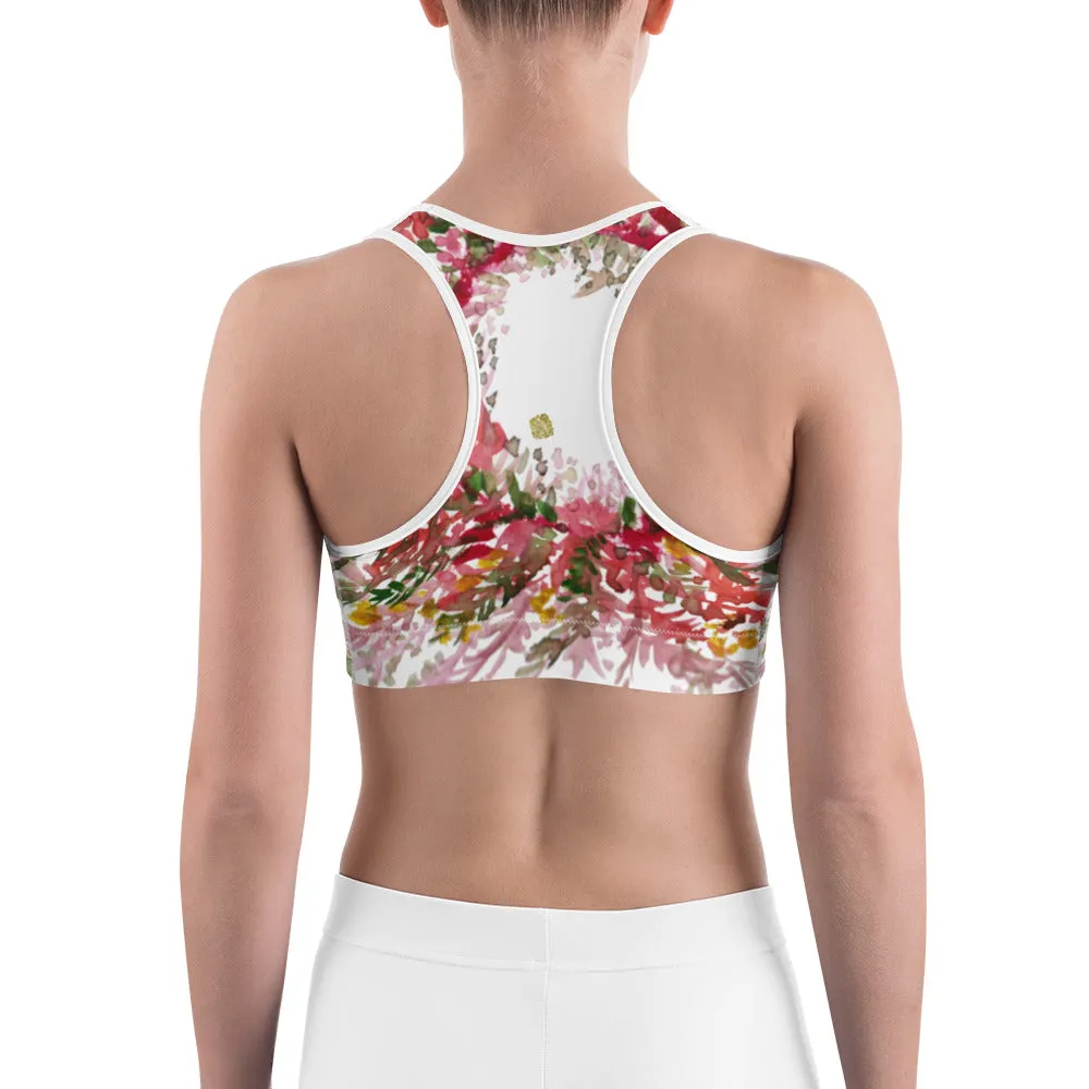 Red White Flower Sports Bra, Unpadded Fall Floral Print Women's Premium Workout Gym Sports Bra-Made in USA