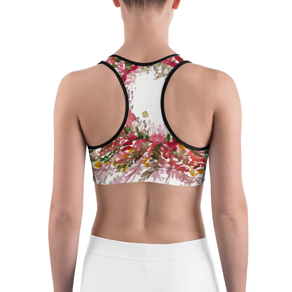 Red White Flower Sports Bra, Unpadded Fall Floral Print Women's Premium Workout Gym Sports Bra-Made in USA