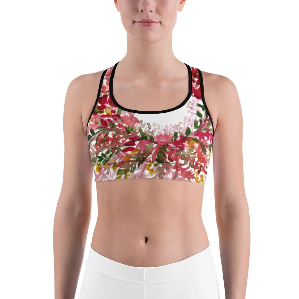 Red White Flower Sports Bra, Unpadded Fall Floral Print Women's Premium Workout Gym Sports Bra-Made in USA