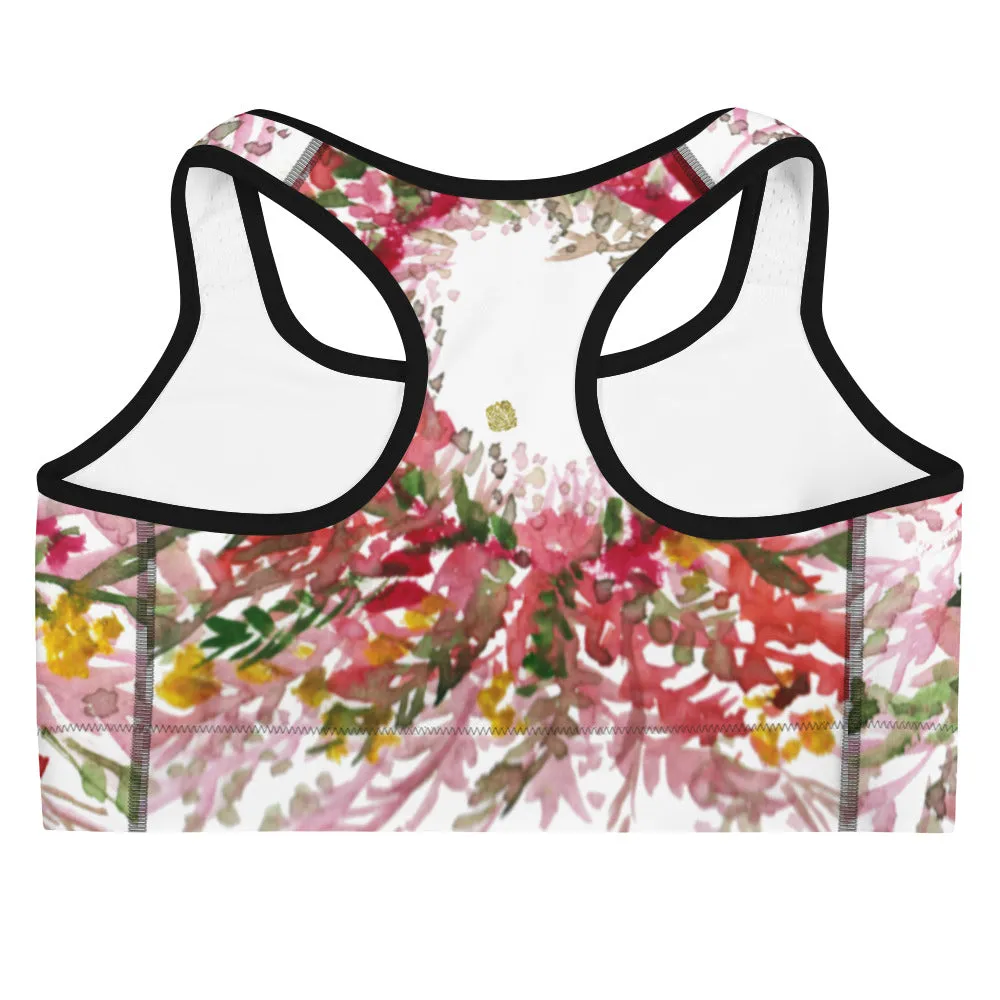 Red White Flower Sports Bra, Unpadded Fall Floral Print Women's Premium Workout Gym Sports Bra-Made in USA