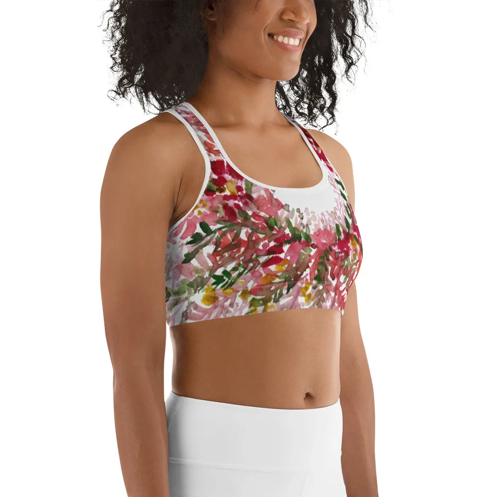 Red White Flower Sports Bra, Unpadded Fall Floral Print Women's Premium Workout Gym Sports Bra-Made in USA