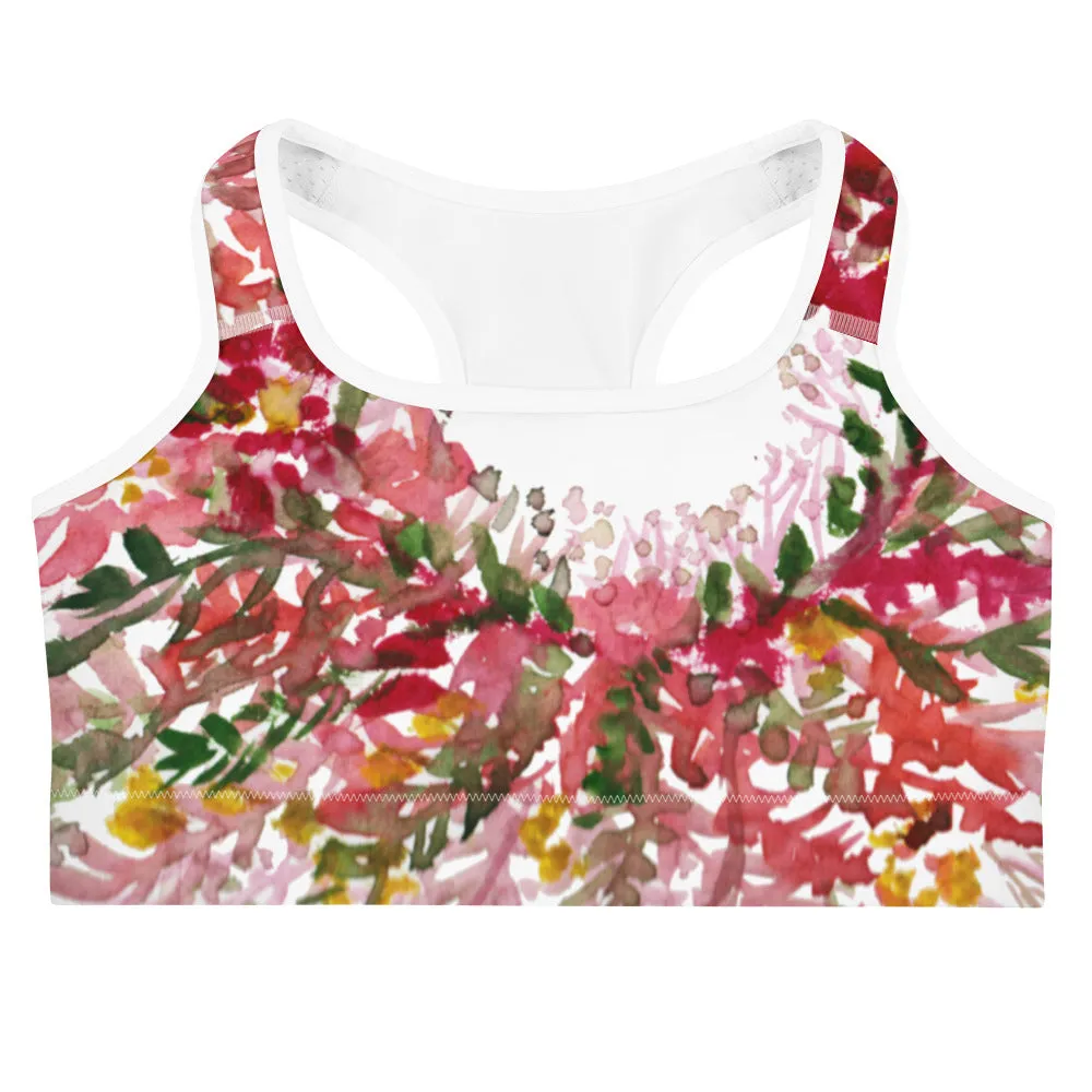 Red White Flower Sports Bra, Unpadded Fall Floral Print Women's Premium Workout Gym Sports Bra-Made in USA