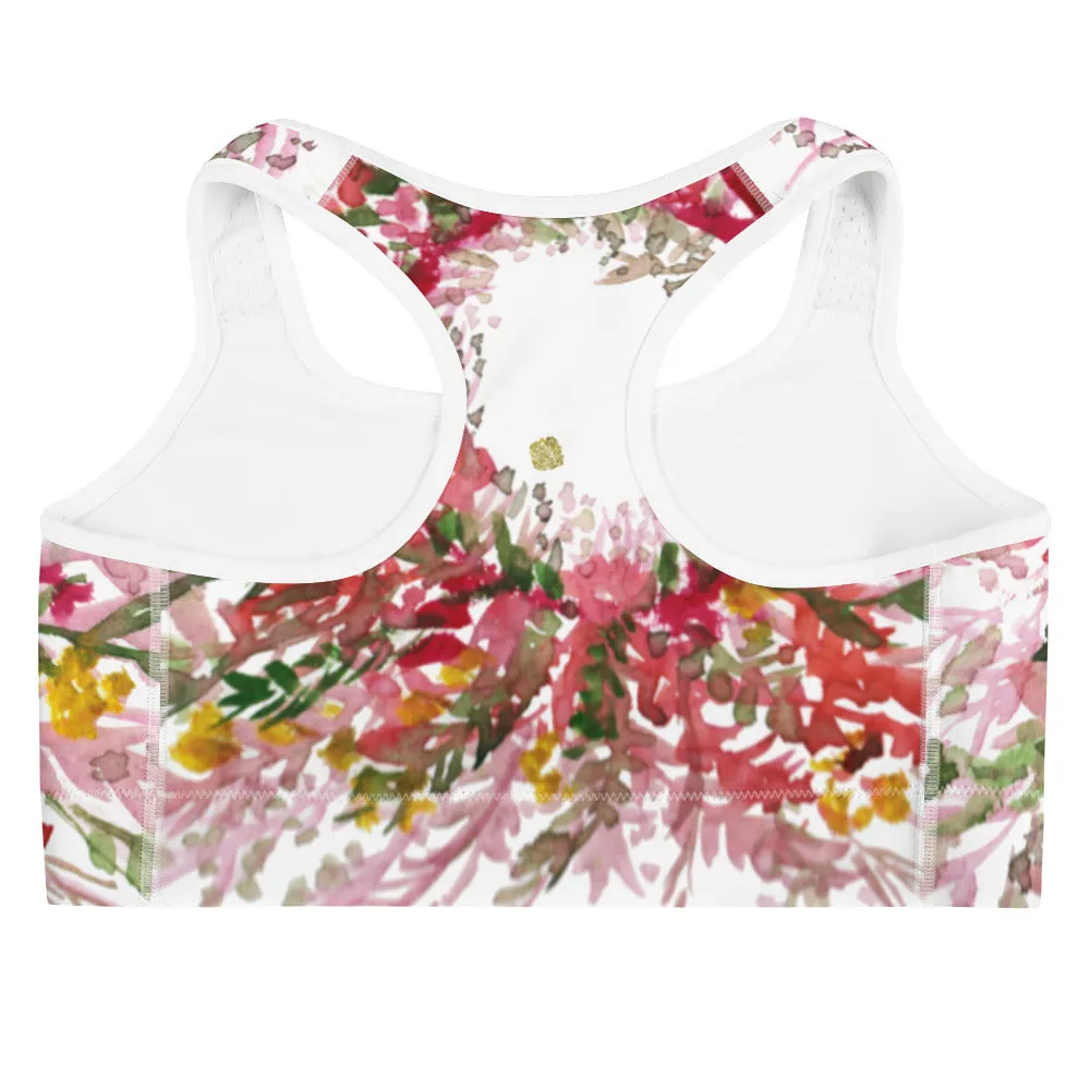 Red White Flower Sports Bra, Unpadded Fall Floral Print Women's Premium Workout Gym Sports Bra-Made in USA