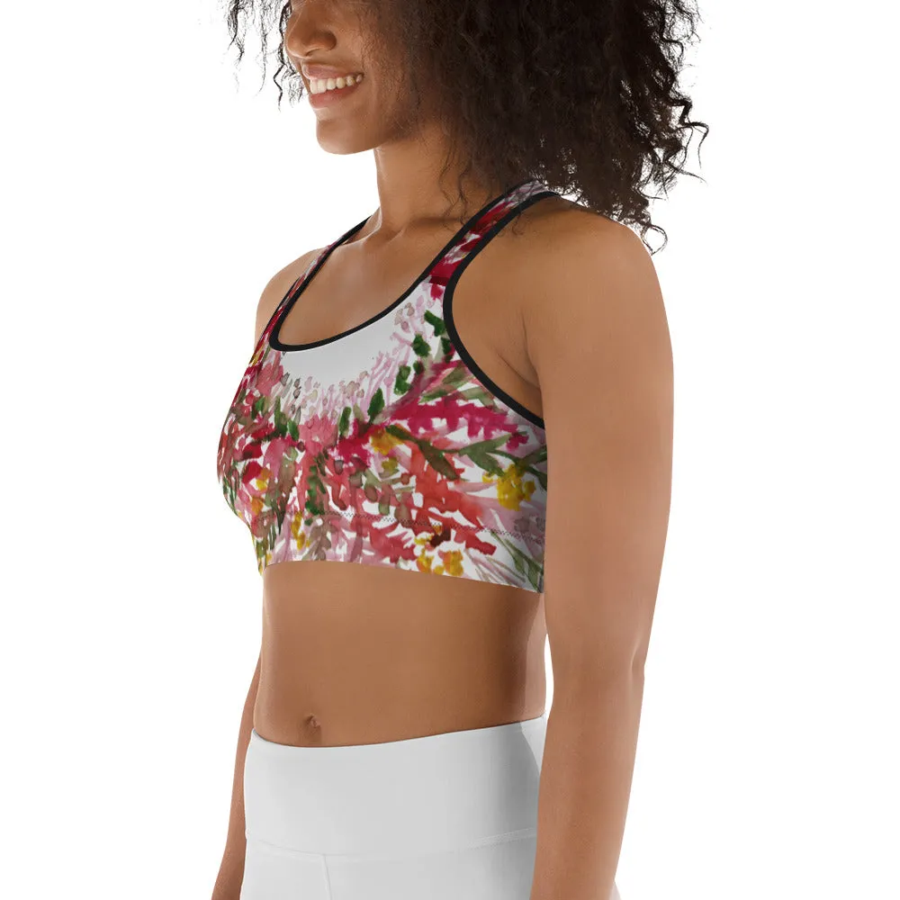 Red White Flower Sports Bra, Unpadded Fall Floral Print Women's Premium Workout Gym Sports Bra-Made in USA