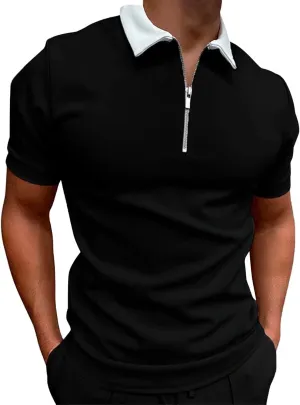 Rela Bota Mens Polo T Shirt Fashion Slim Fit Casual Shirt Zipper Short Sleeve Golf Turn Down Collar Polo Shirt Black 3XL