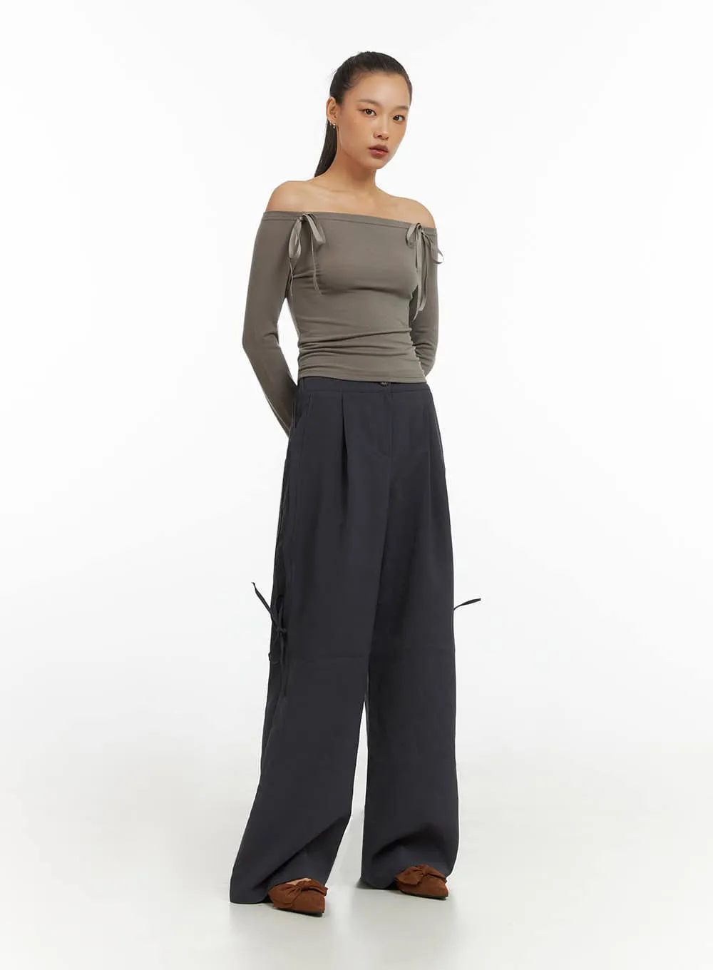 Ribbon Tie Wide Fit Polyester Pants IO409