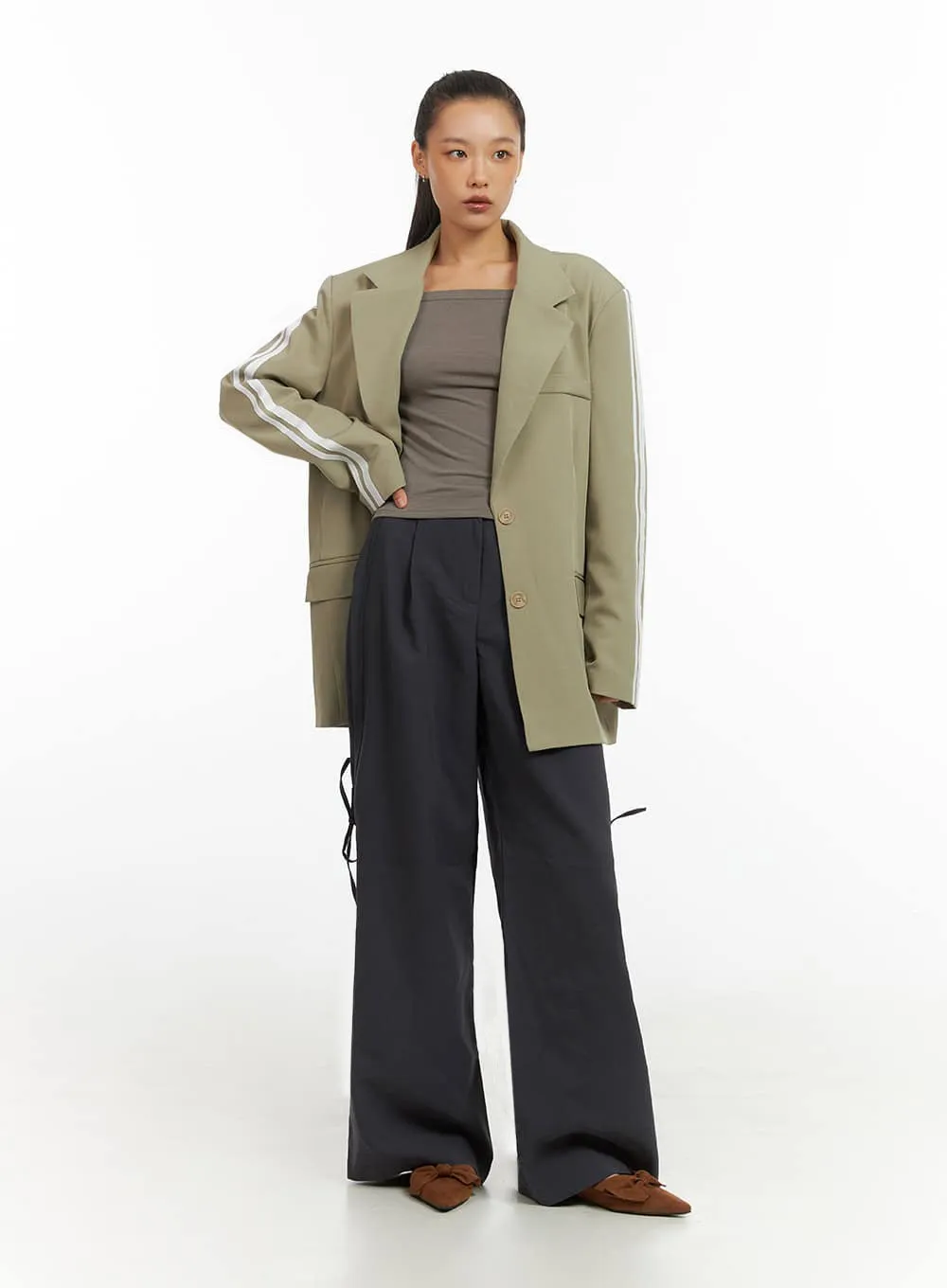 Ribbon Tie Wide Fit Polyester Pants IO409