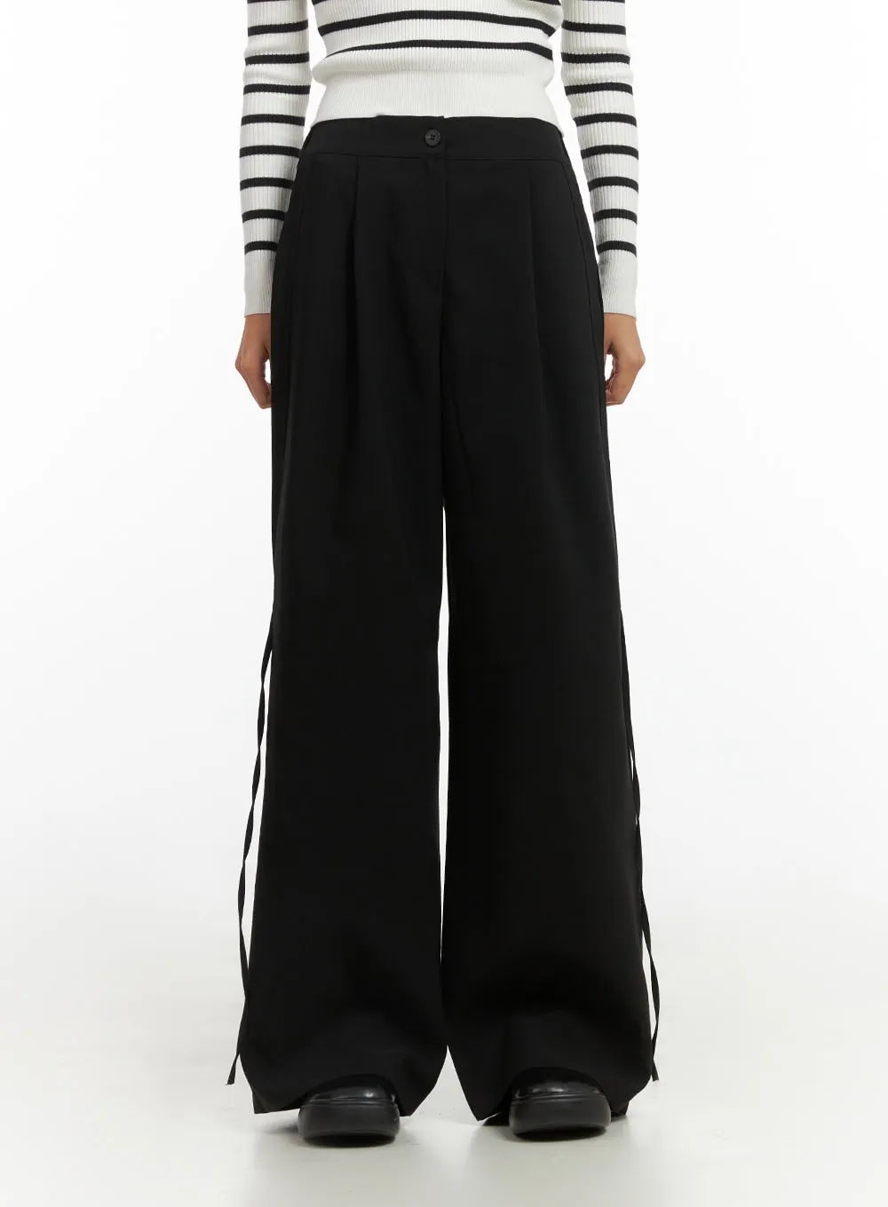 Ribbon Tie Wide Fit Polyester Pants IO409