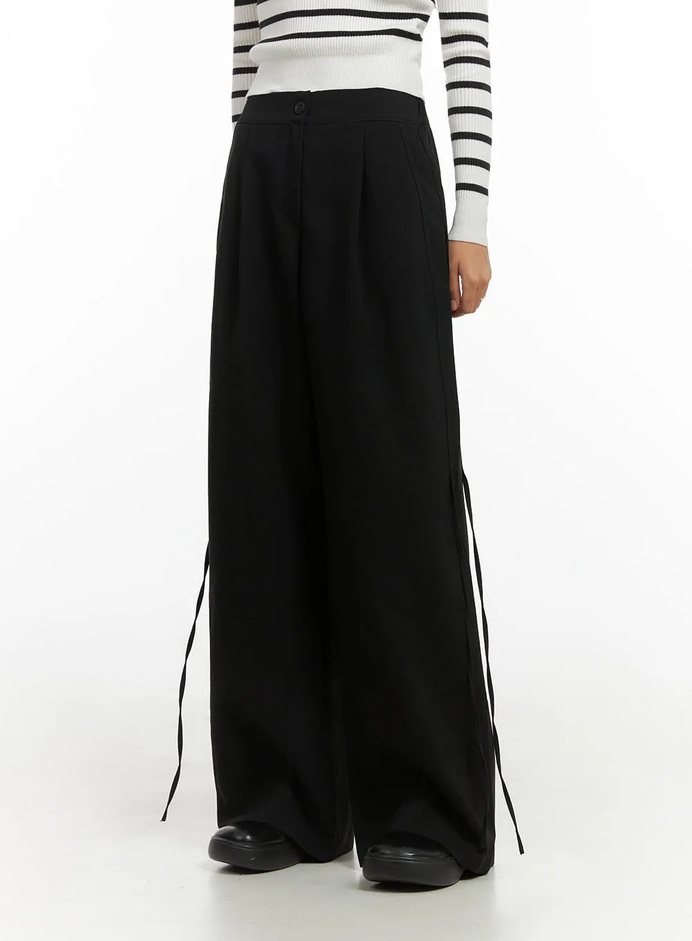Ribbon Tie Wide Fit Polyester Pants IO409