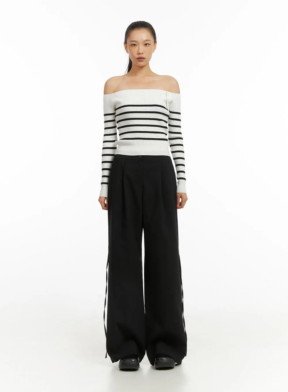 Ribbon Tie Wide Fit Polyester Pants IO409