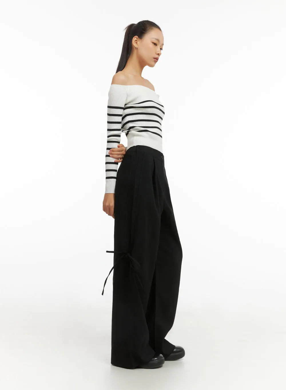 Ribbon Tie Wide Fit Polyester Pants IO409