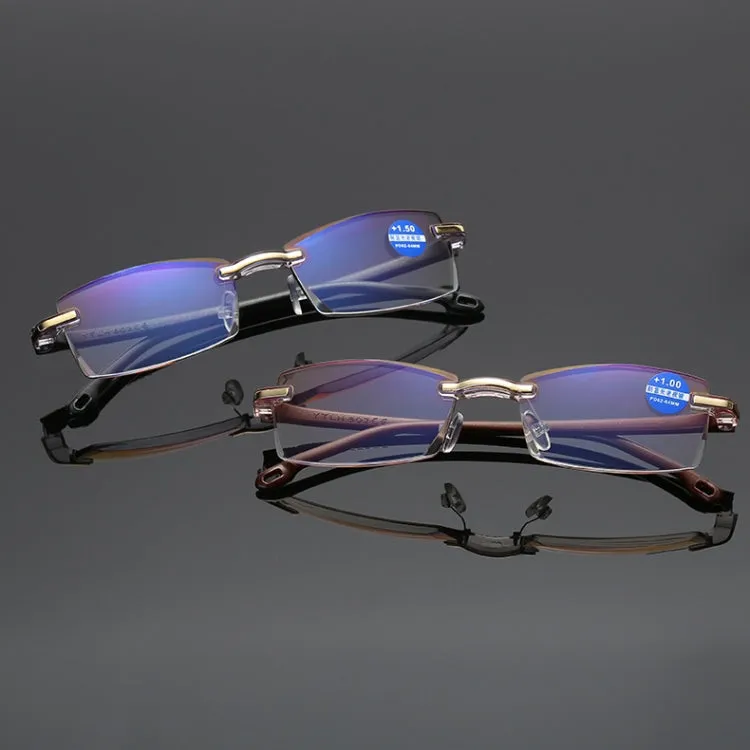 Rimless Anti Blue-ray Blue Film Lenses Presbyopic Glasses,  3.50D(Brown)