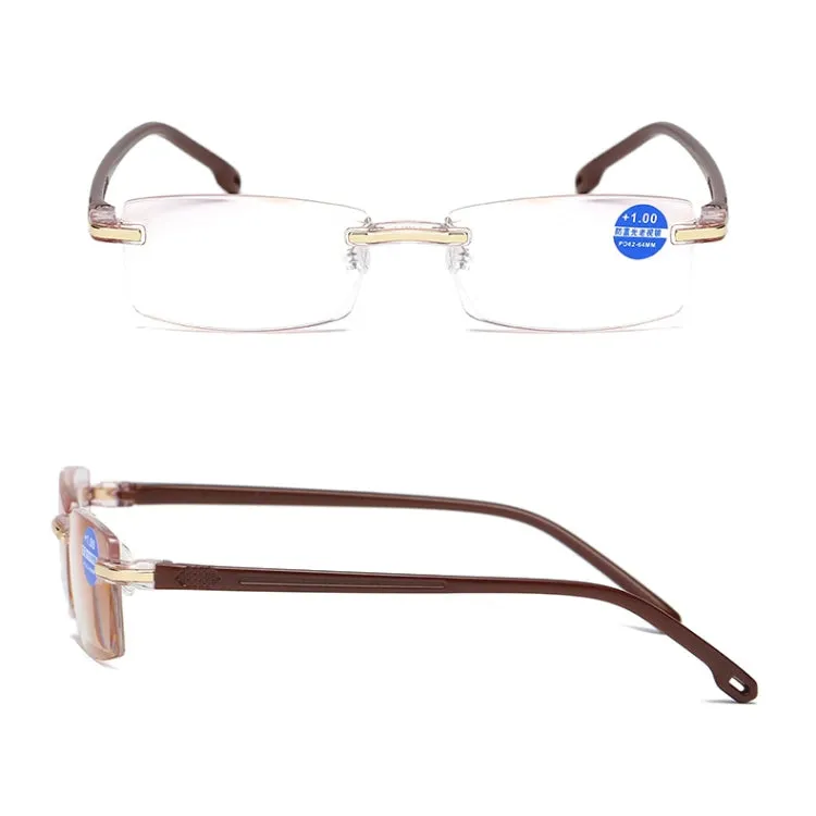 Rimless Anti Blue-ray Blue Film Lenses Presbyopic Glasses,  3.50D(Brown)