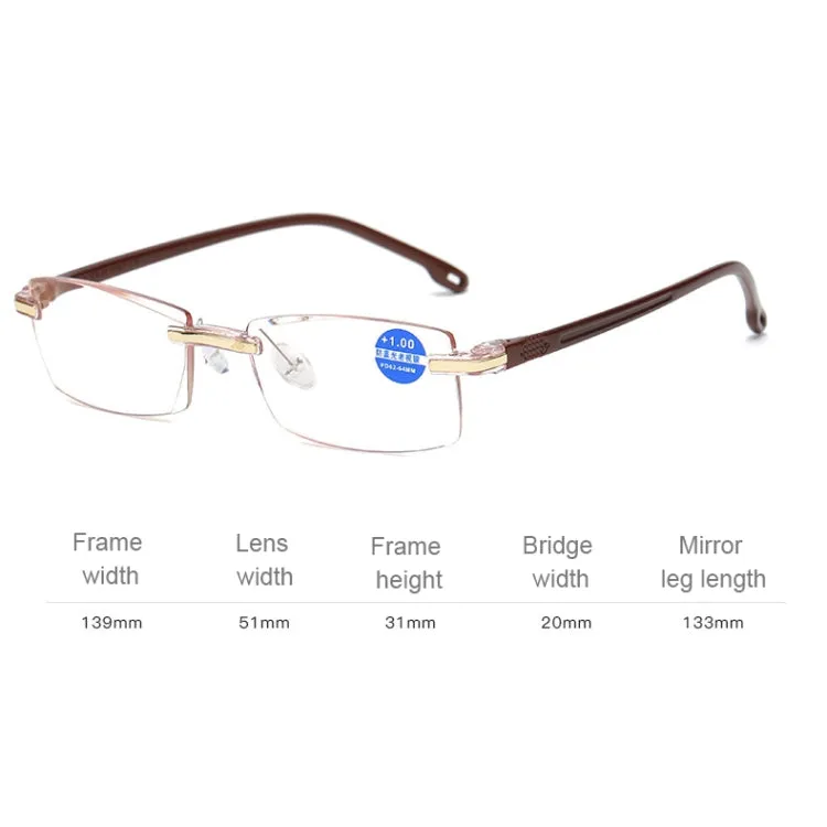 Rimless Anti Blue-ray Blue Film Lenses Presbyopic Glasses,  3.50D(Brown)