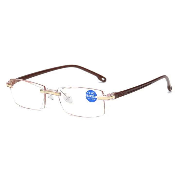 Rimless Anti Blue-ray Blue Film Lenses Presbyopic Glasses,  3.50D(Brown)