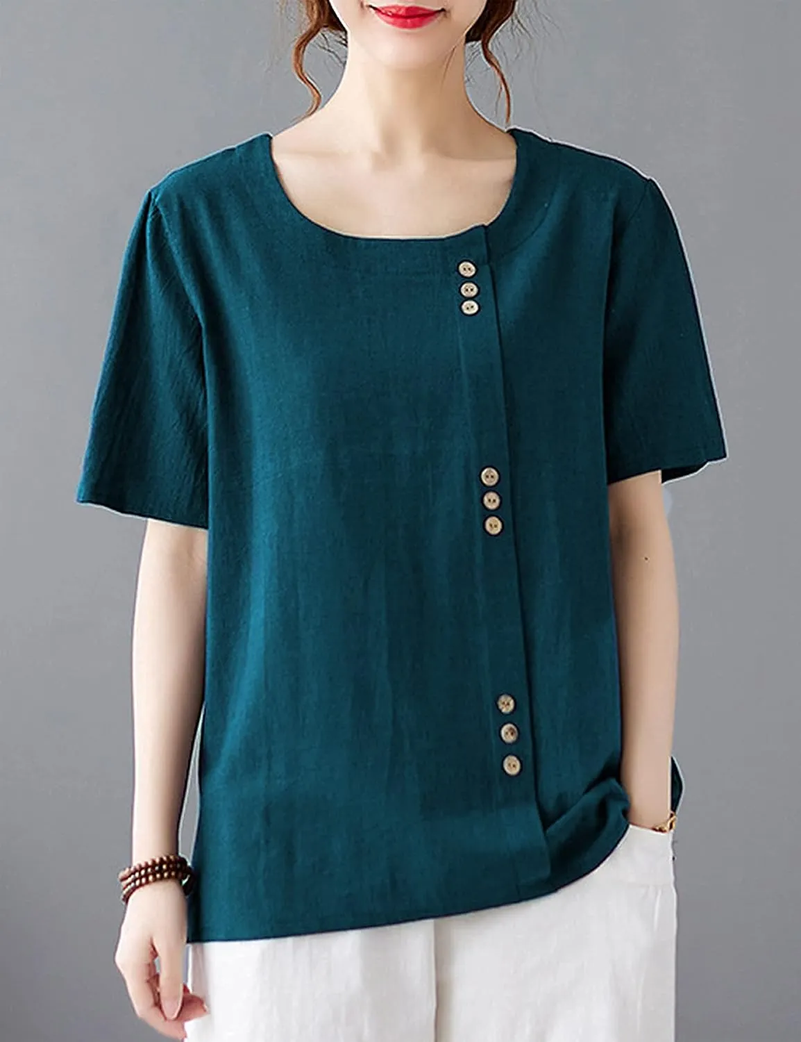 SCUSTY Oversized Crew Neck Linen Tops for Women Short Sleeve Cotton Blend Tee Shirts