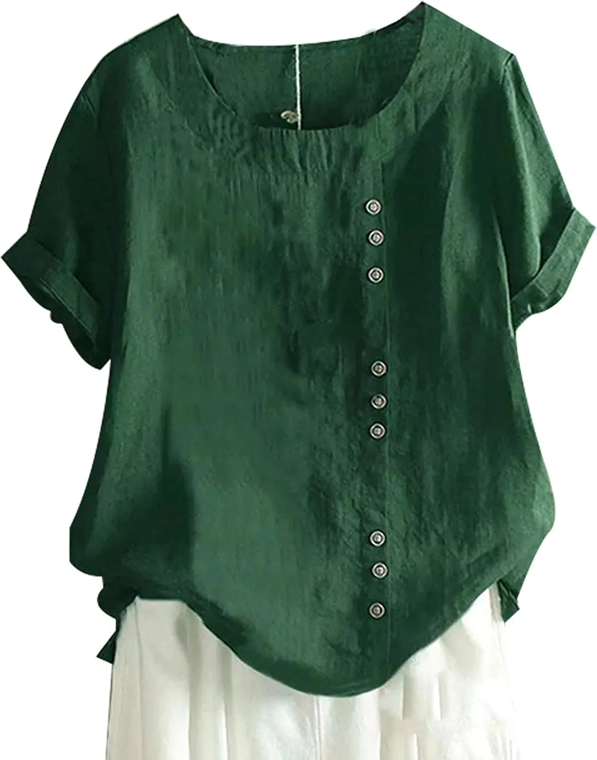 SCUSTY Oversized Crew Neck Linen Tops for Women Short Sleeve Cotton Blend Tee Shirts