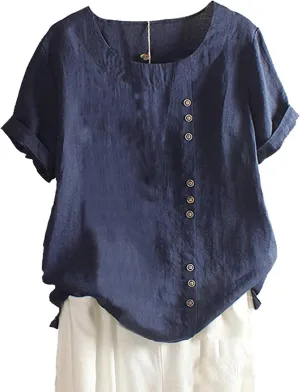 SCUSTY Oversized Crew Neck Linen Tops for Women Short Sleeve Cotton Blend Tee Shirts