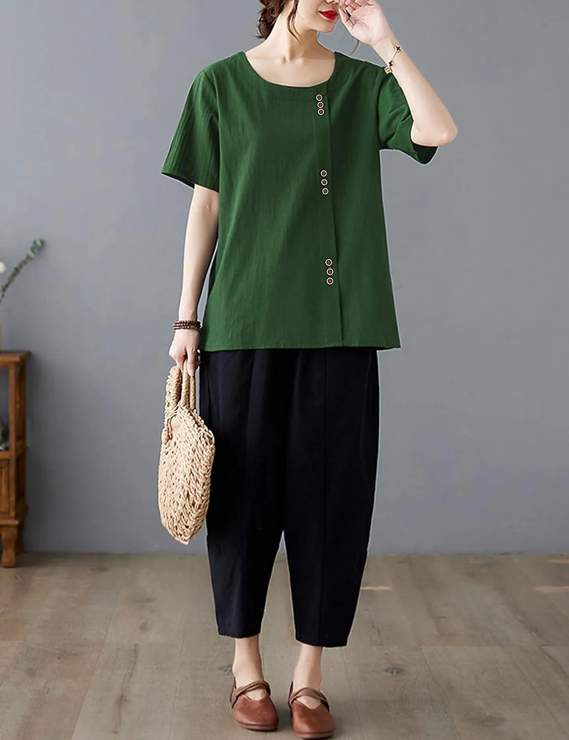 SCUSTY Oversized Crew Neck Linen Tops for Women Short Sleeve Cotton Blend Tee Shirts