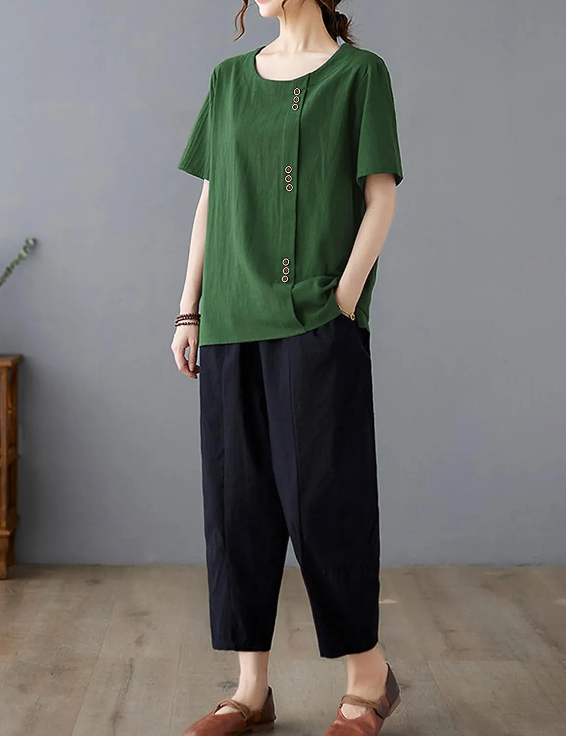SCUSTY Oversized Crew Neck Linen Tops for Women Short Sleeve Cotton Blend Tee Shirts