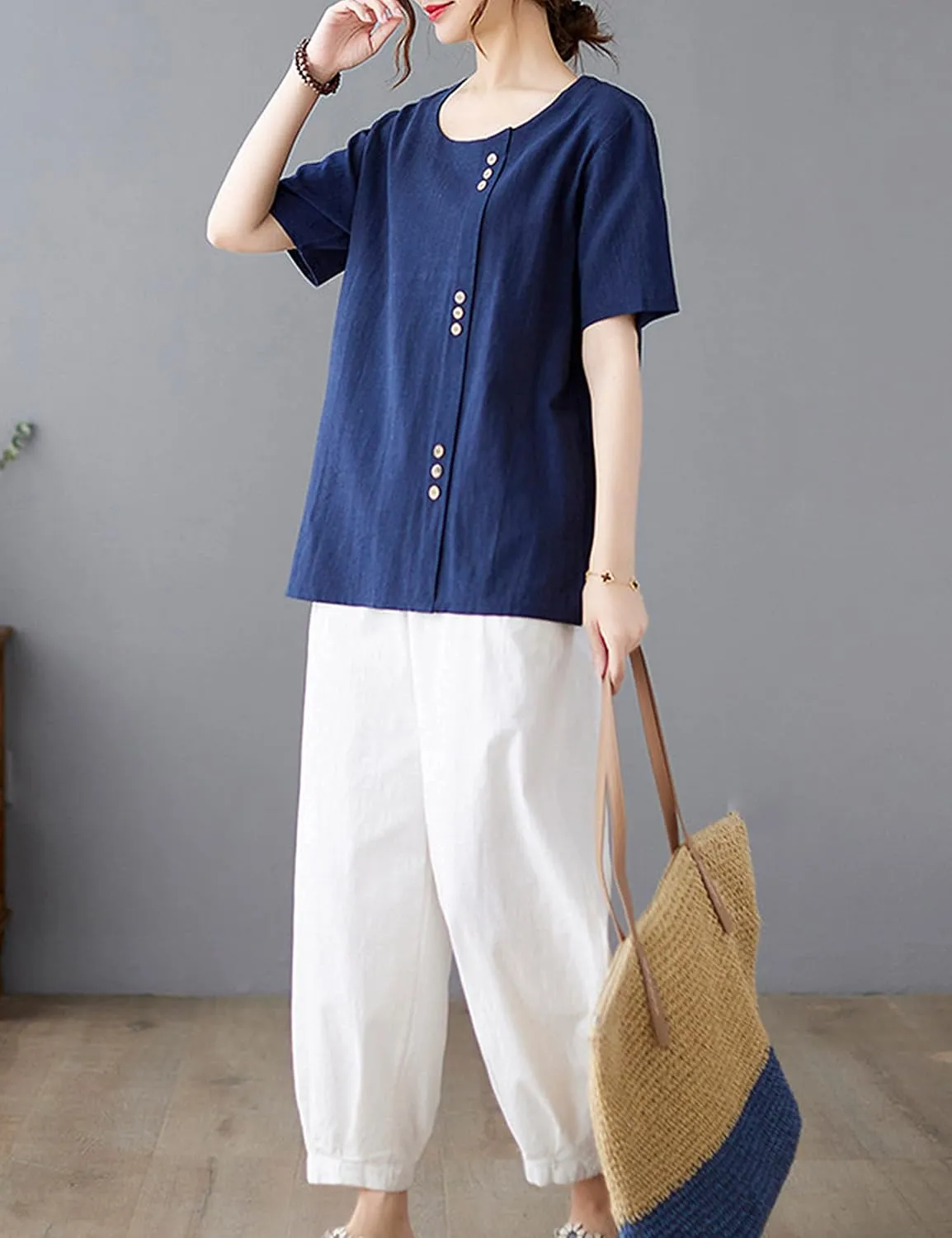 SCUSTY Oversized Crew Neck Linen Tops for Women Short Sleeve Cotton Blend Tee Shirts