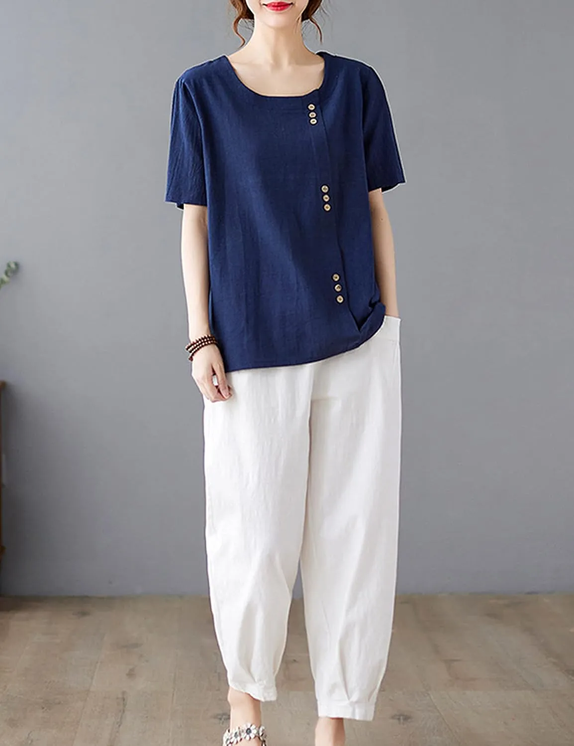 SCUSTY Oversized Crew Neck Linen Tops for Women Short Sleeve Cotton Blend Tee Shirts