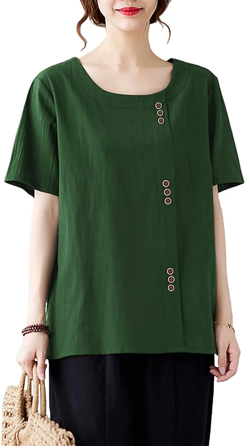 SCUSTY Oversized Crew Neck Linen Tops for Women Short Sleeve Cotton Blend Tee Shirts