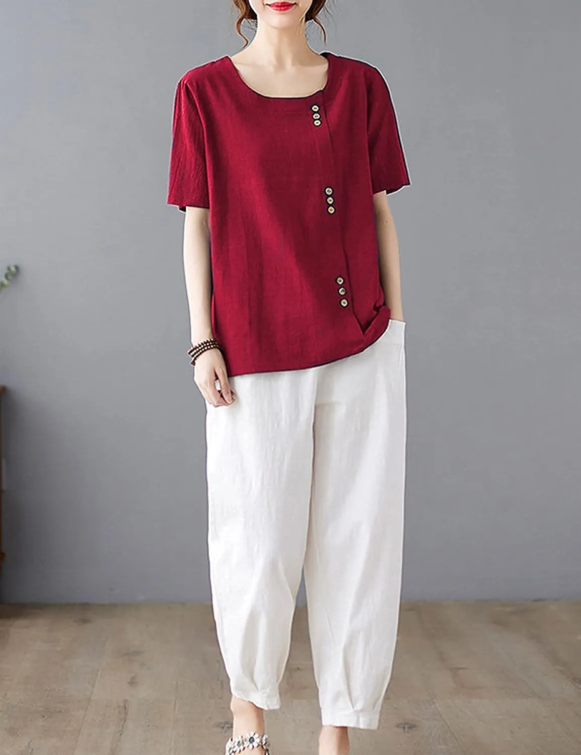 SCUSTY Oversized Crew Neck Linen Tops for Women Short Sleeve Cotton Blend Tee Shirts