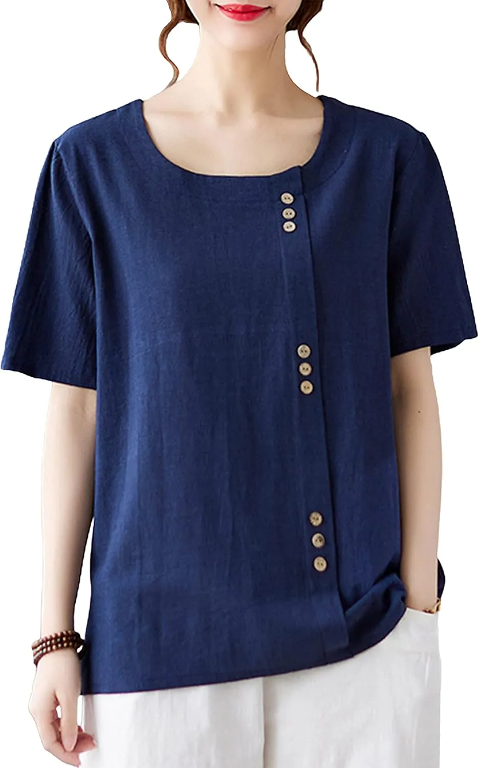 SCUSTY Oversized Crew Neck Linen Tops for Women Short Sleeve Cotton Blend Tee Shirts