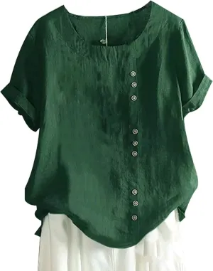 SCUSTY Oversized Crew Neck Linen Tops for Women Short Sleeve Cotton Blend Tee Shirts
