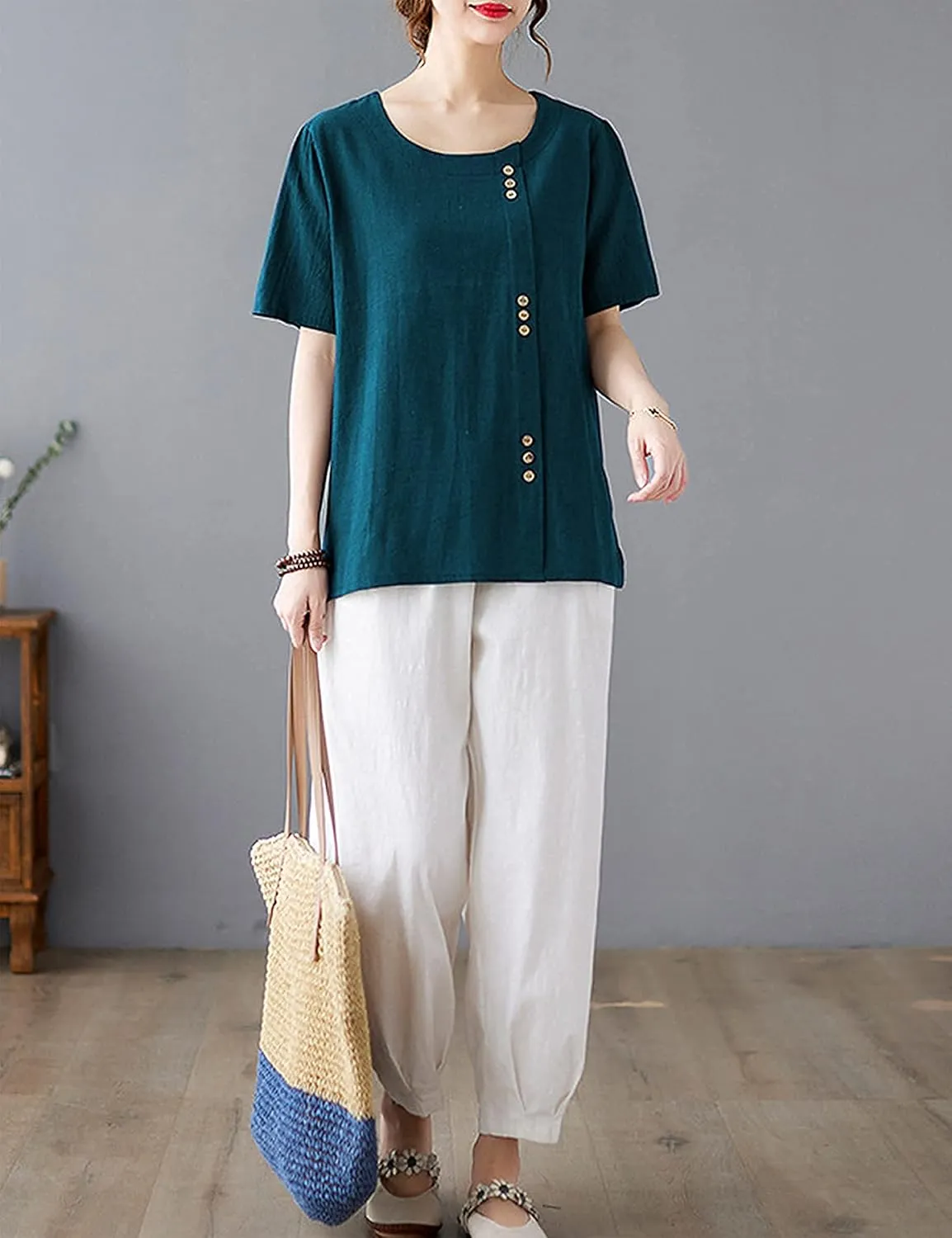 SCUSTY Oversized Crew Neck Linen Tops for Women Short Sleeve Cotton Blend Tee Shirts