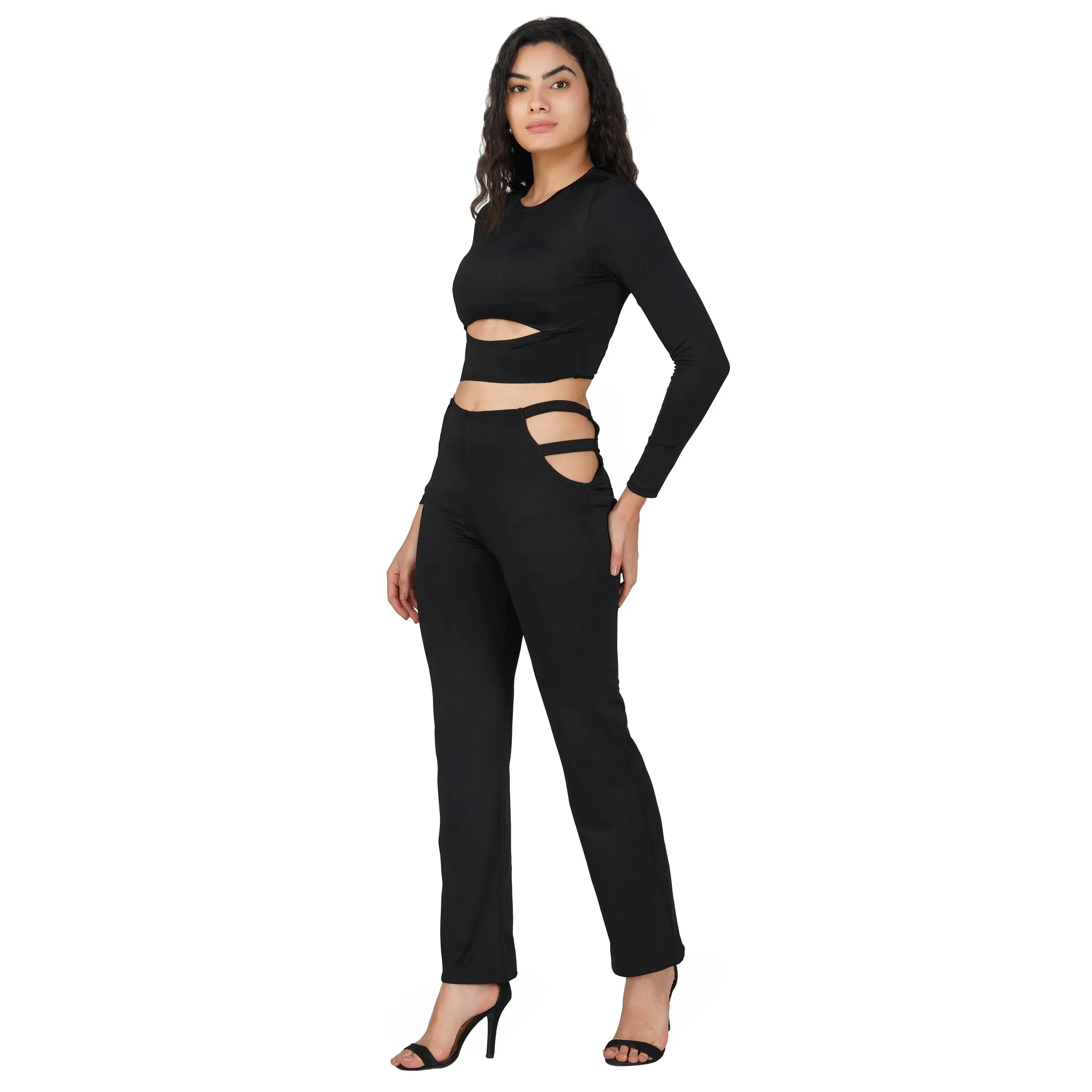 SLAY. Sport Women's Cutout Full Sleeves Crop Top And Pants Co-ord Set Black