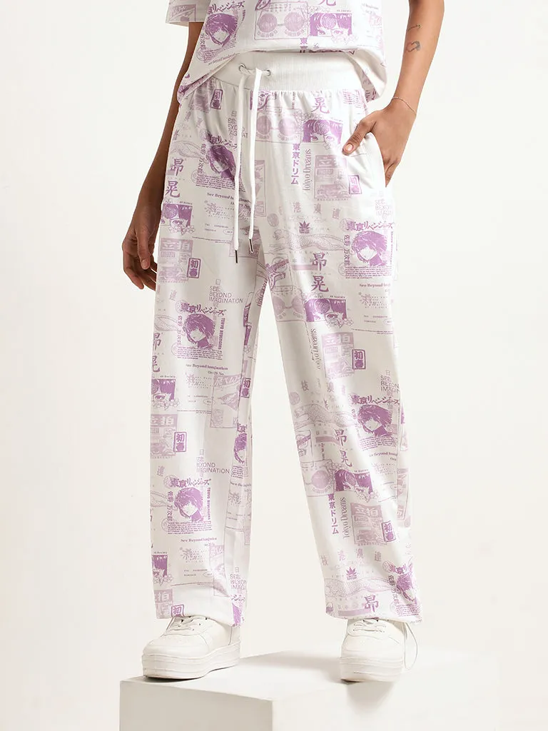 Studiofit White Mid Rise Printed Cotton Track Pants