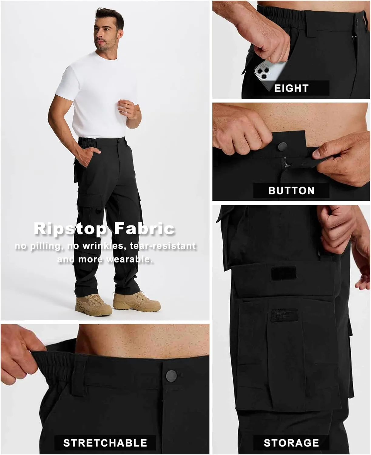Susclude Cargo Pants for Men - Heavy Duty Stretch Tactical Pants Durability Ripstop Hiking Pants with 8 Pockets