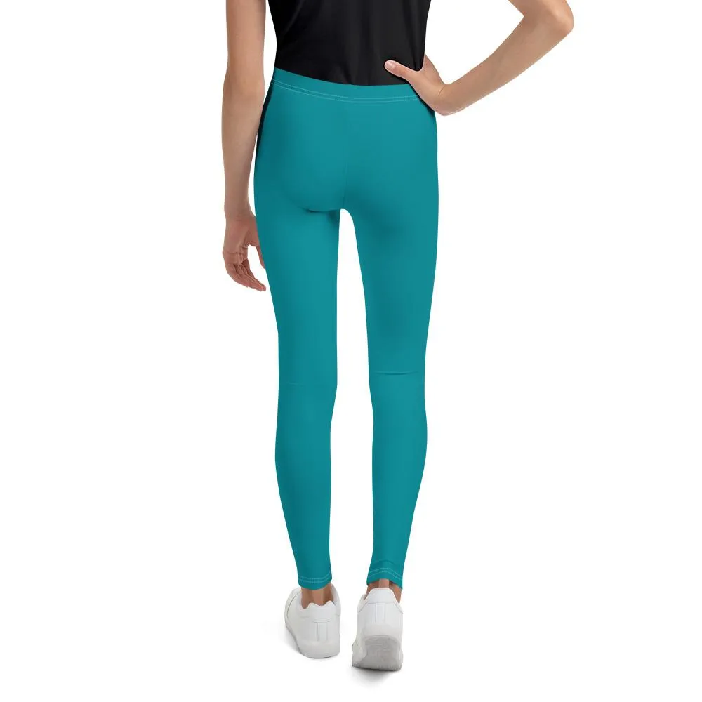 Teal Blue Solid Color Designer Youth Sports Gym Elastic Comfy Leggings - Made in USA/EU