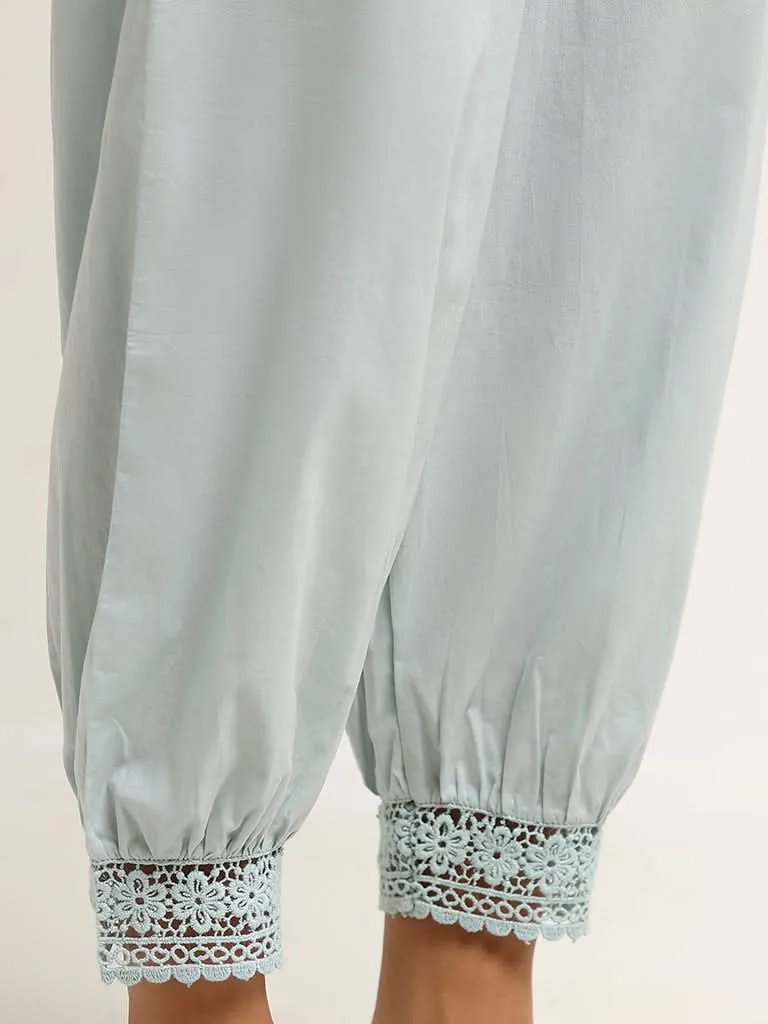 Utsa Light Blue Crochet-Trimmed Pants