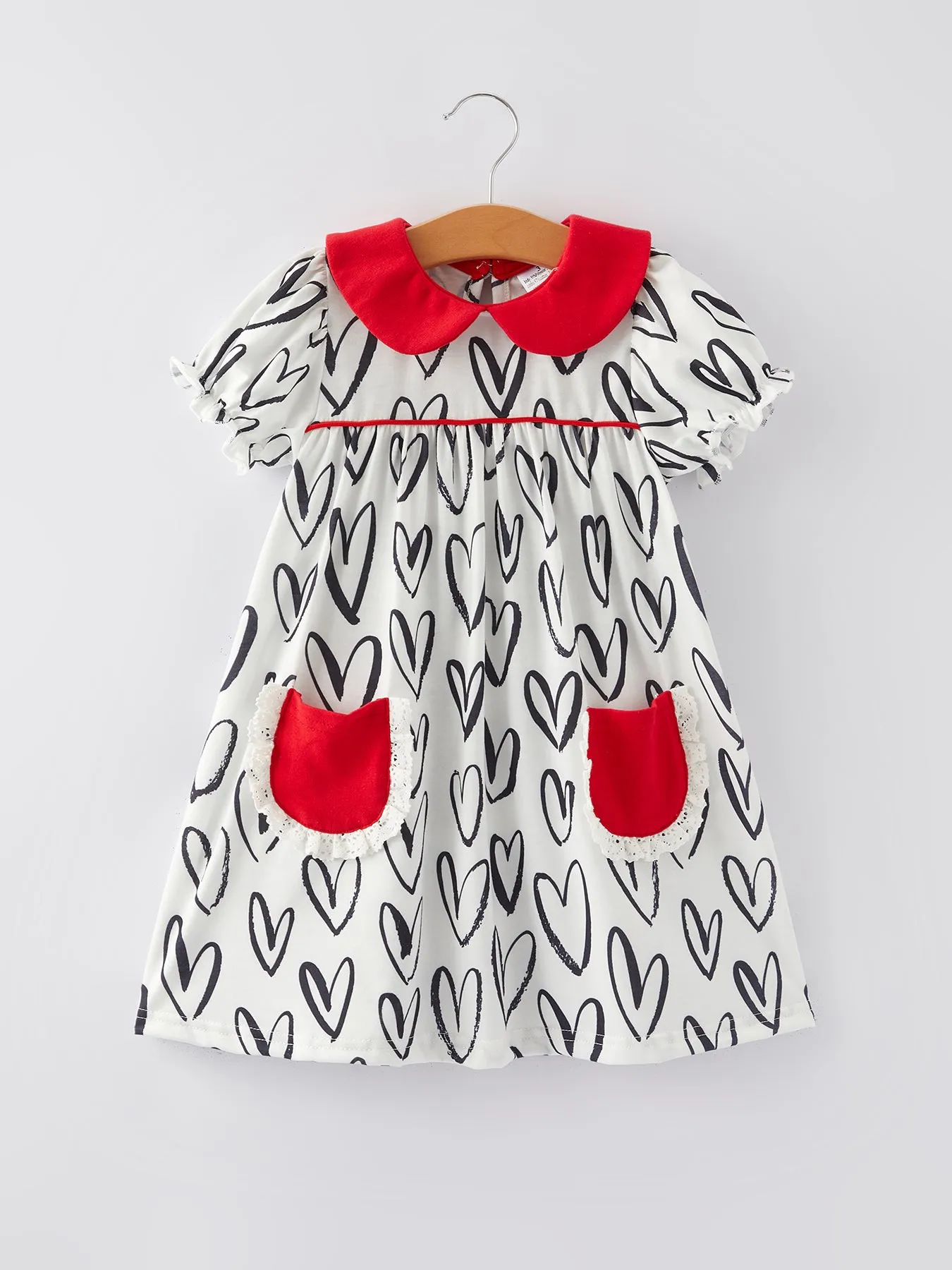 Valentine's Day Heart Print Bow Girls Dress with Pocket