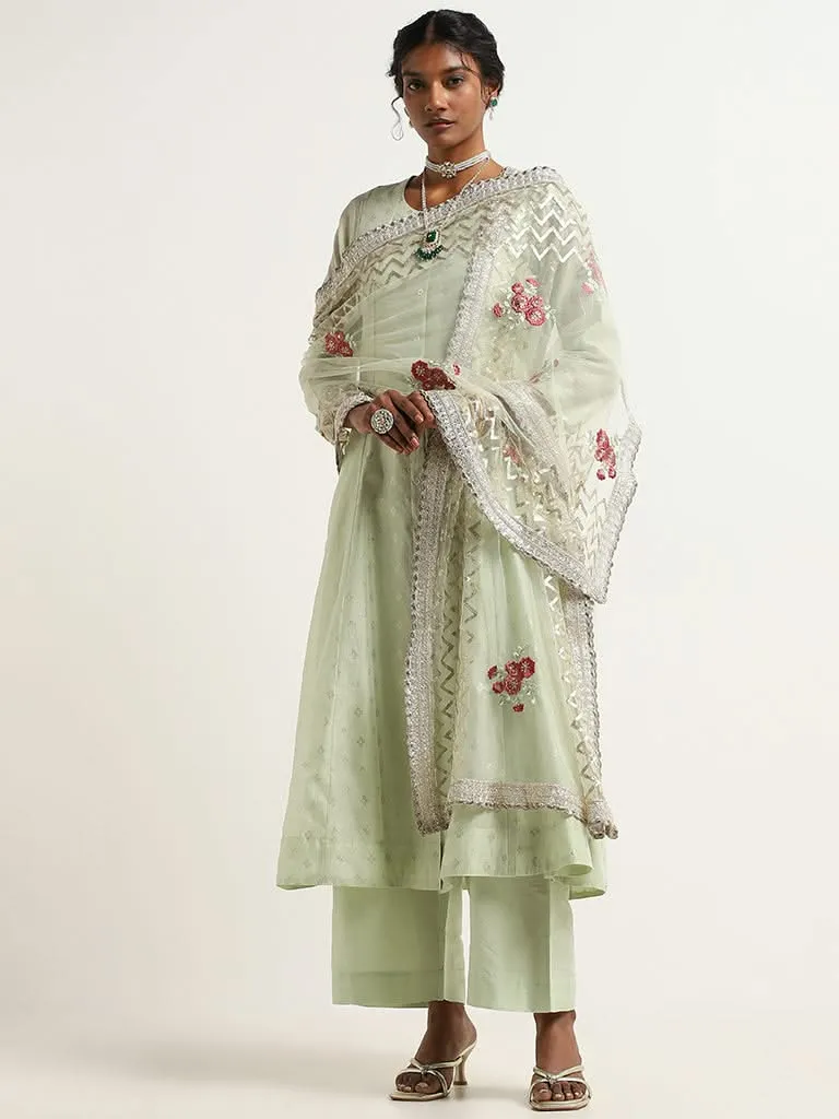 Vark Green Embroidered Kurta, Inner, Pants & Dupatta Set