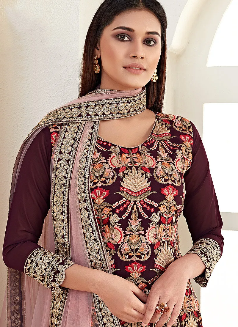Wine Red Multi Embroidered Pants Style Suit
