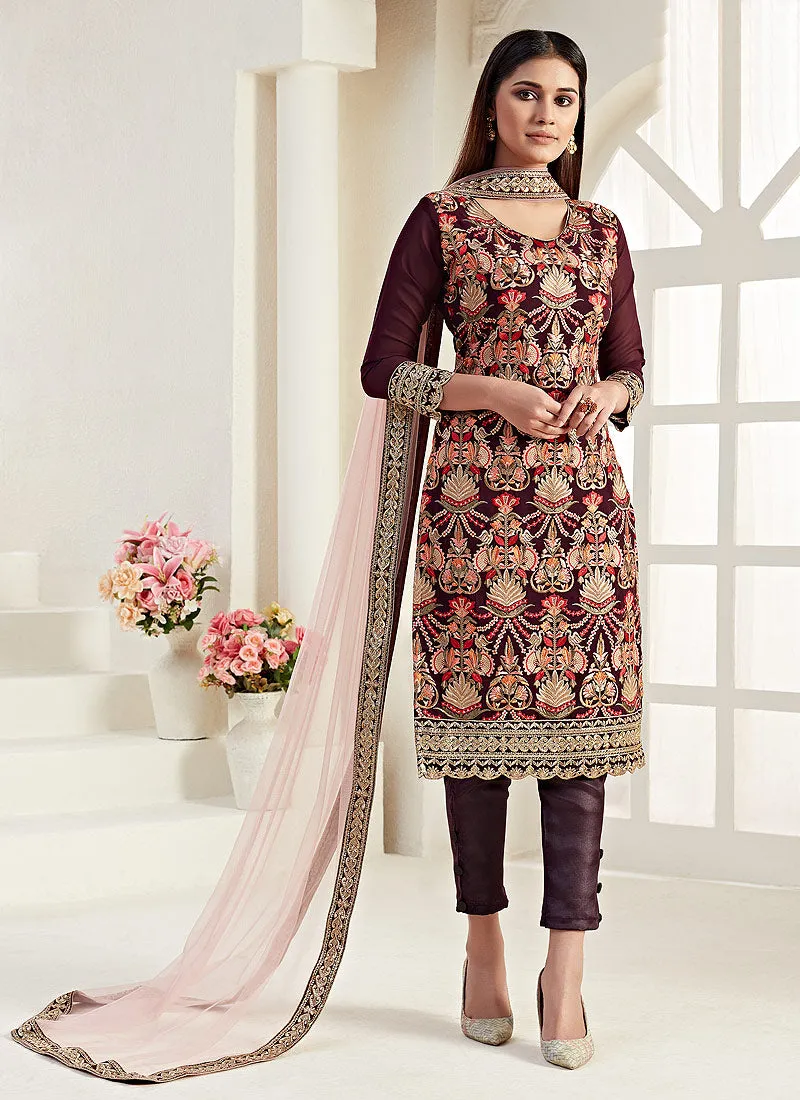 Wine Red Multi Embroidered Pants Style Suit