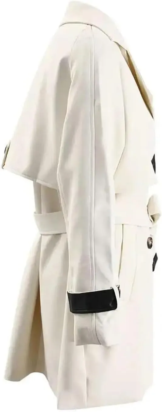 Women Beige Block Leather Trench Lapel Casual Long Sleeve Double Breasted Spring Autumn