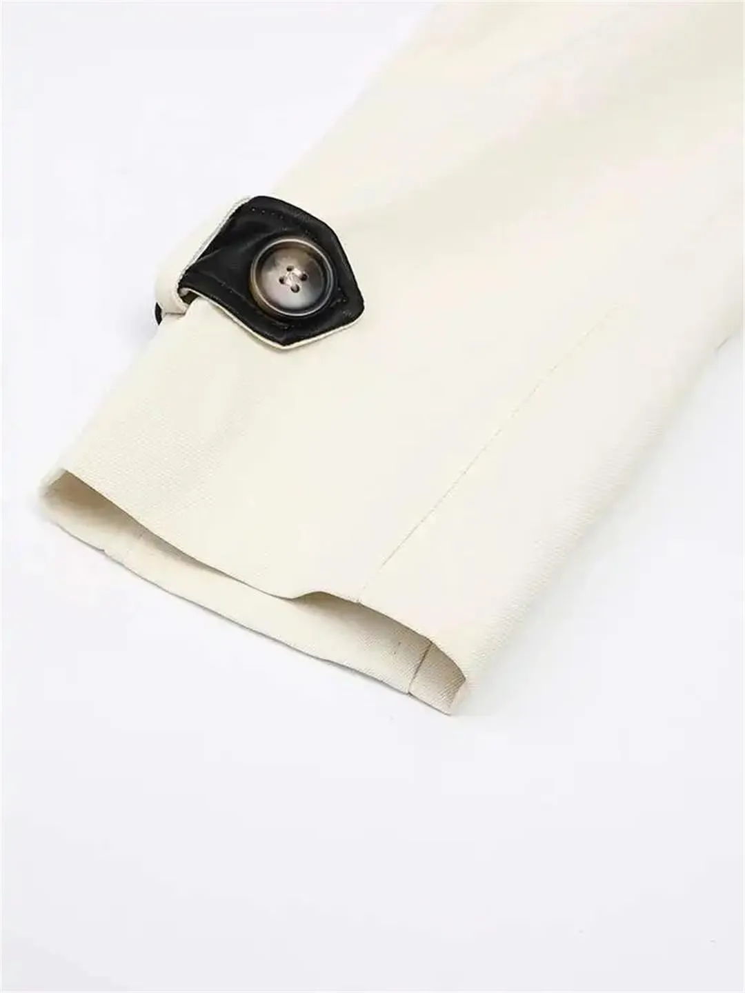 Women Beige Block Leather Trench Lapel Casual Long Sleeve Double Breasted Spring Autumn