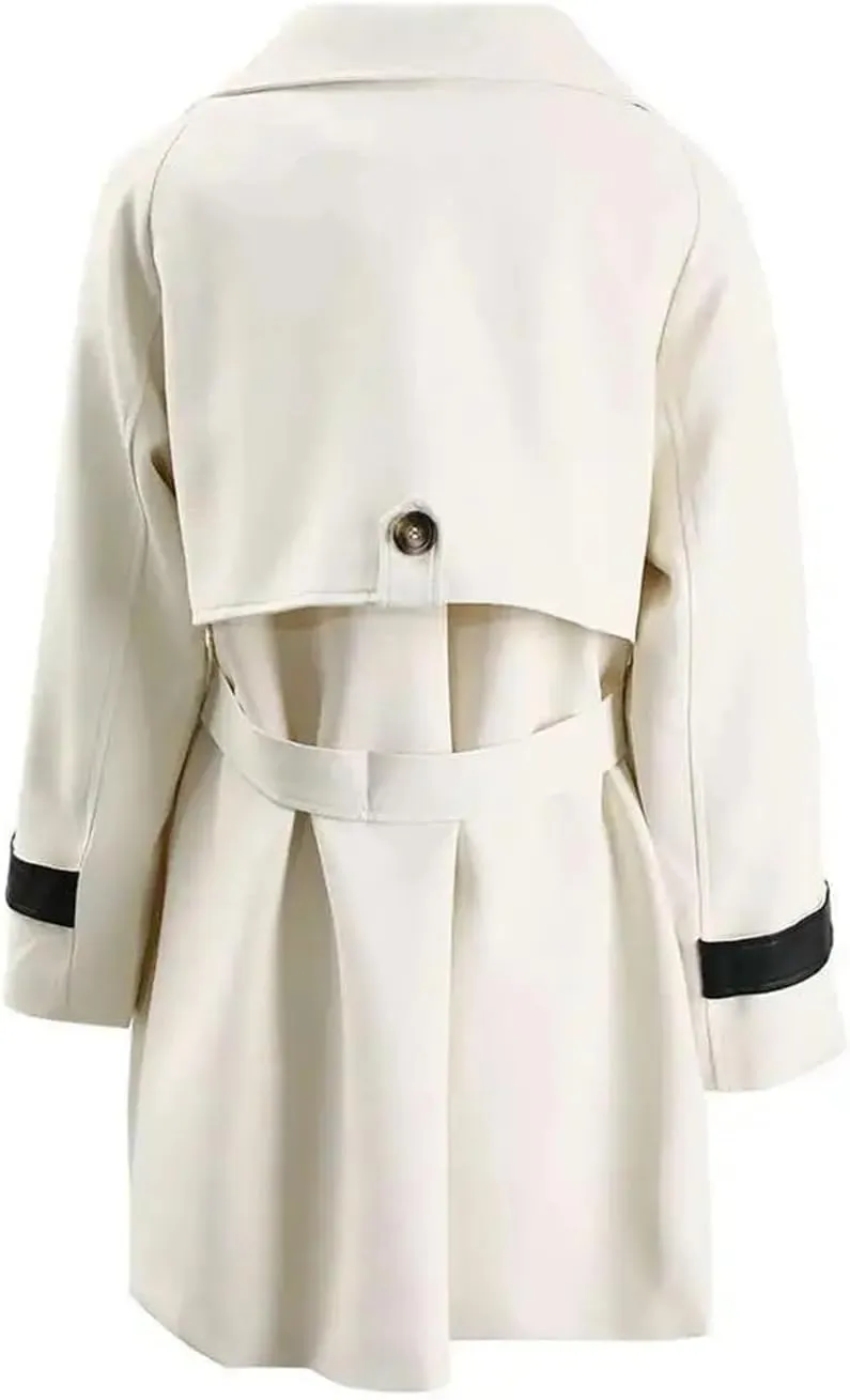 Women Beige Block Leather Trench Lapel Casual Long Sleeve Double Breasted Spring Autumn