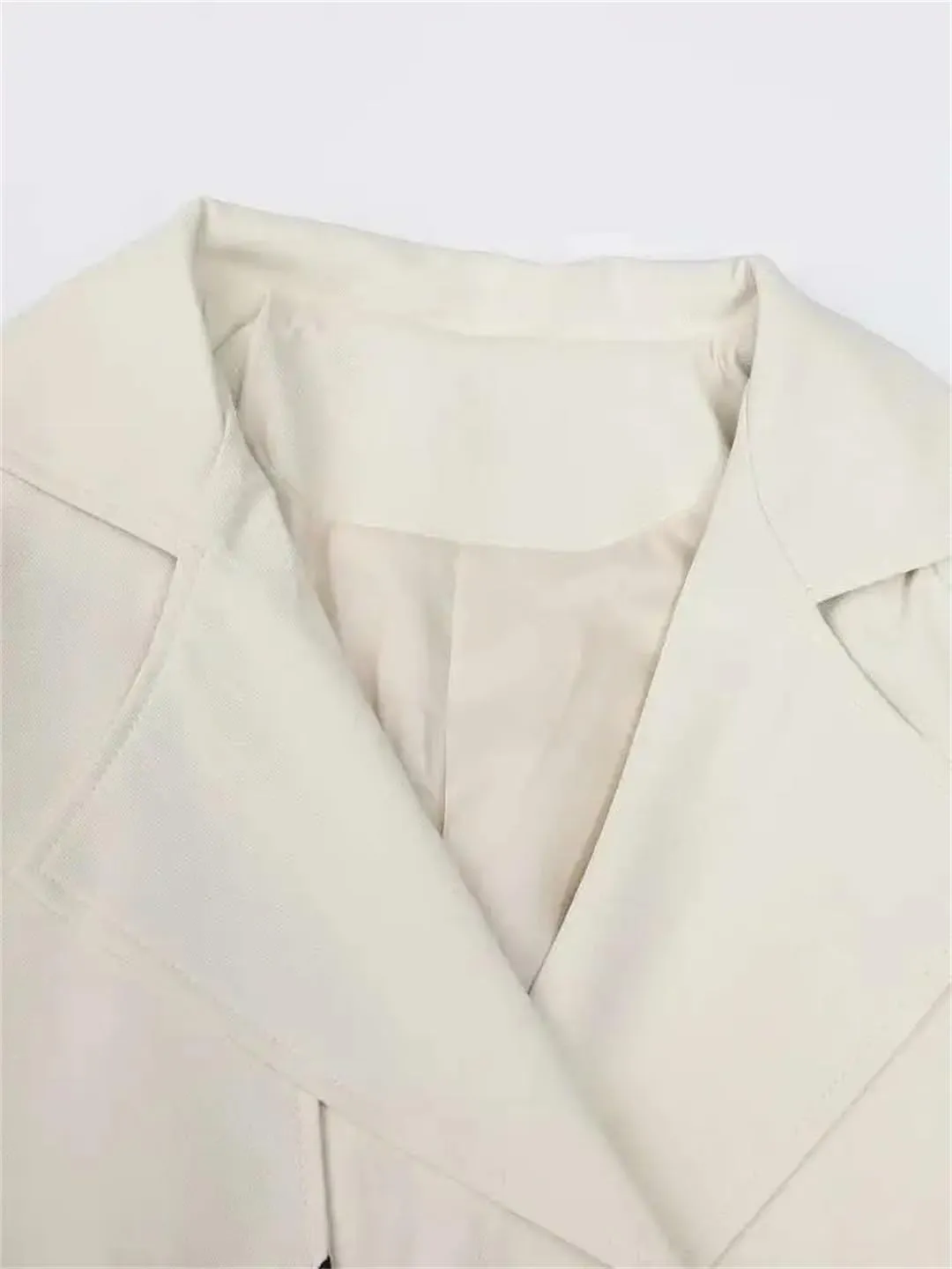 Women Beige Block Leather Trench Lapel Casual Long Sleeve Double Breasted Spring Autumn