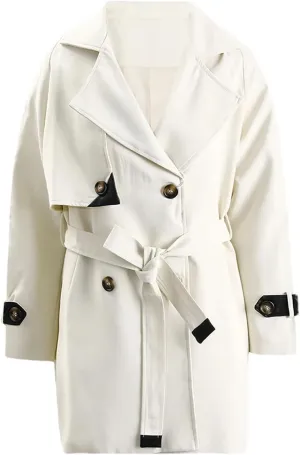 Women Beige Block Leather Trench Lapel Casual Long Sleeve Double Breasted Spring Autumn